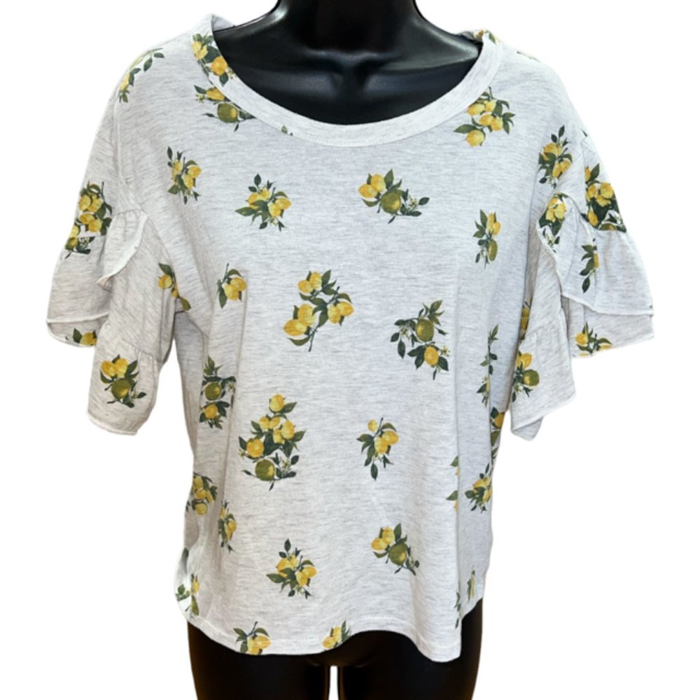 Self Esteem Lemon Graphic Tiered Ruffle Sleeve Heathered Tee Sz L